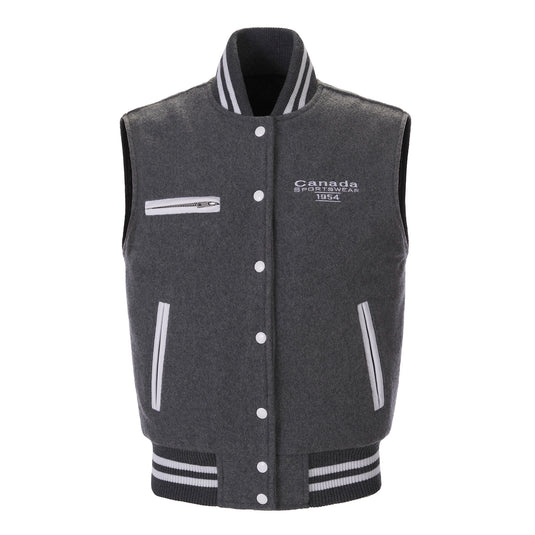 VT181 - Custom Melton vest with leather pocket welts & rib knit collar/waistband